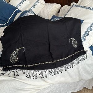 Vintage Black shawl paisley beaded golden embroidered beaded fringe 80”by 30”